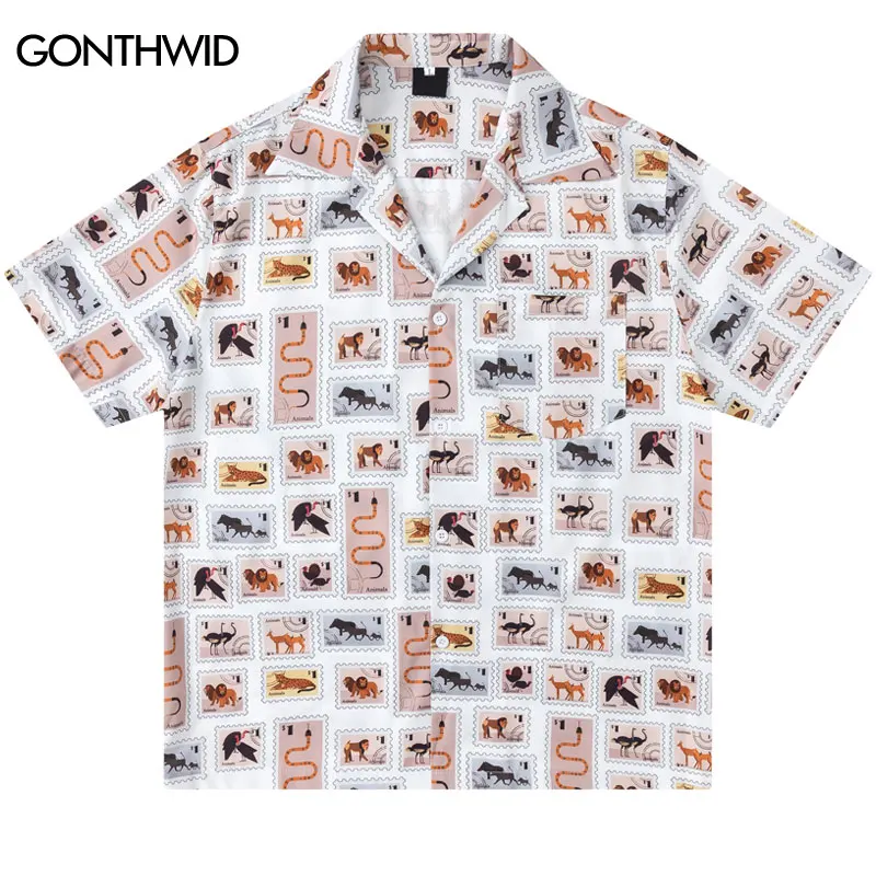 

Винтажные гавайские рубашки Y2K в стиле ретро с изображением животных и графическим принтом, блузка на пуговицах с короткими рукавами, летний повседневный пляжный топ в стиле Харадзюку
