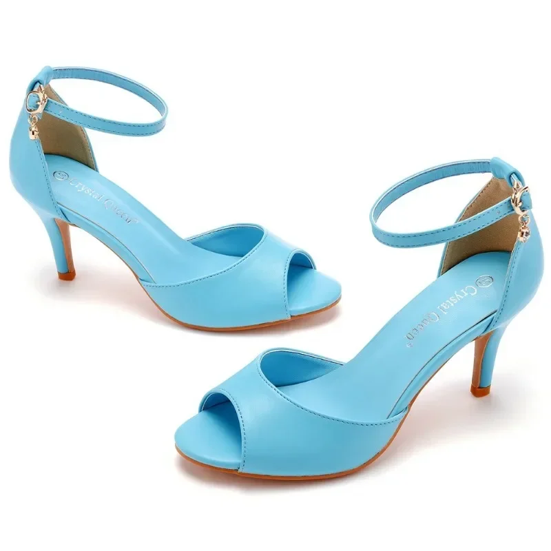 Women Sandals Fashion Sandalias Rhinestone PU 7CM Thin Heels Buckle Strap Peep Toe Women\'s Shoes Casual Sky Blue Korean Style