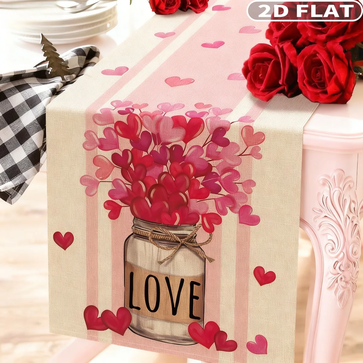 

1pc Valentine's Day Pink Table Cover, Red Love Hearts Mason Jar Anniversary Kitchen Dining Table Cloth Decor, Wedding Holiday