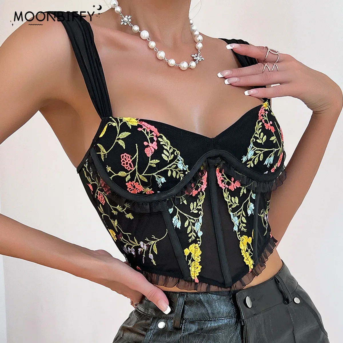 Women Embroidery Floral Mesh Camisole Fashion Slim Tops Irregular Ruffled Lace Camis Sexy V-neck Fishbone Corsets for Women