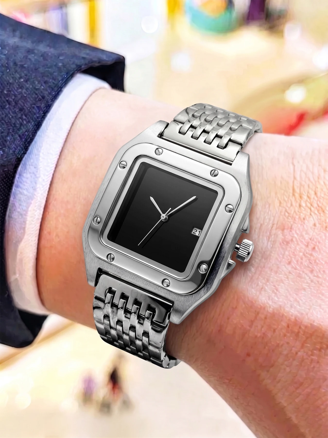 Classic Square Men's Quartz Wristwatch, Replica Stainless Steel Strap, Calendar, Waterproof, Casual Business Versatile Light Luxury Men's Watch, Suitable for Daily Wear, Great Gift