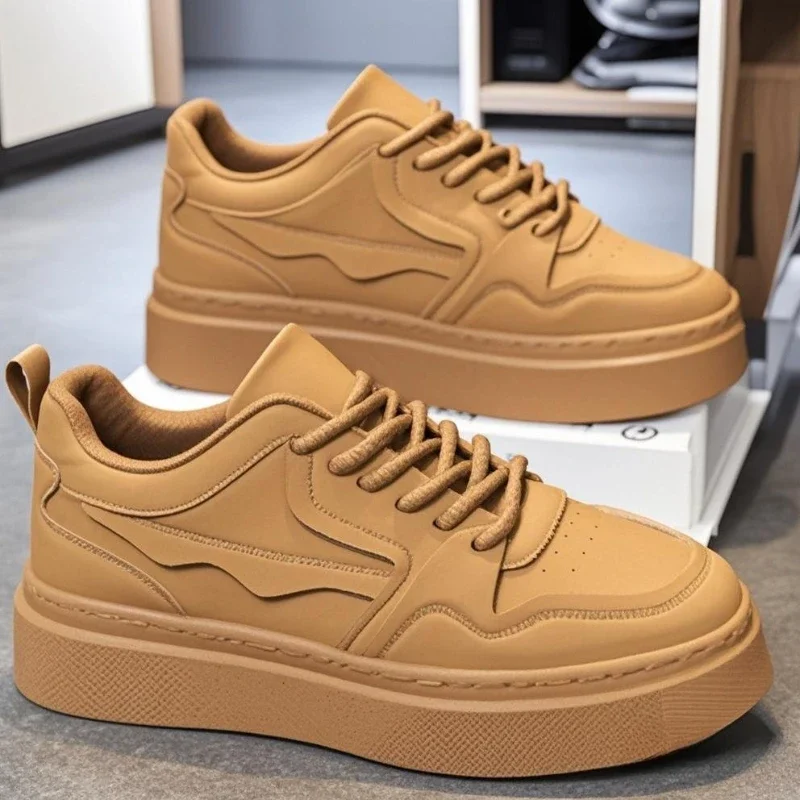 2025 Spring Men's Shoes Casual Sports Thick Soled Non Slip Board Shoes Solid Color Men's Shallow Vulcanized Shoes Simple