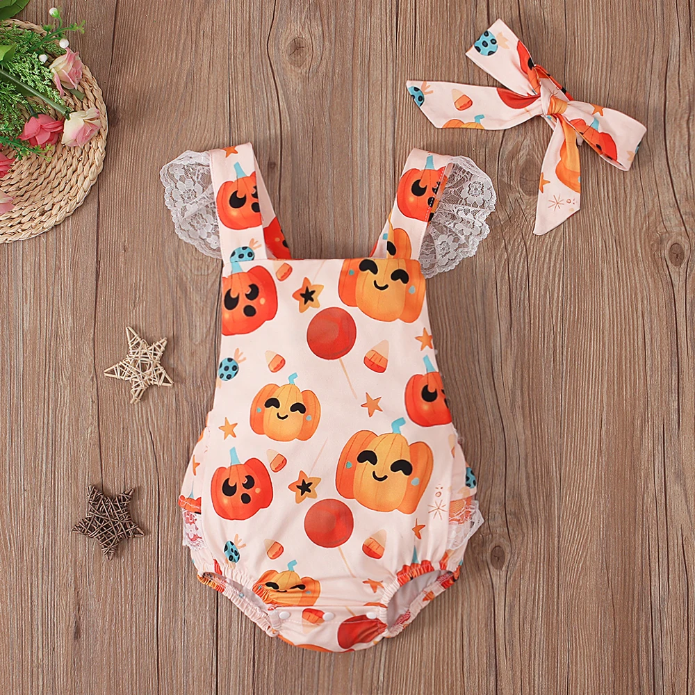 Children\'s European and American summer girls Halloween pumpkin back sling straps romper triangle climbing clothes children&