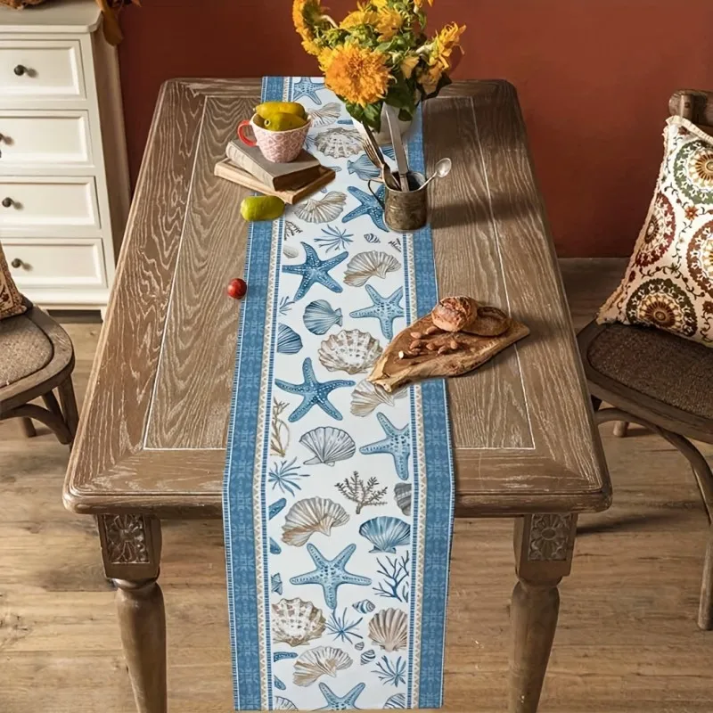 Blue Starfish And Shell-Patterned Linen Table Flags, Home Decoration Table Flags, Suitable For Beach Parties And Dining Tables