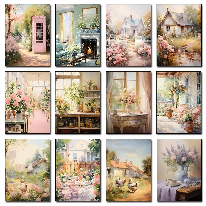 Cozy Home Diamond Painting, Vintage Cottage Interiors with Fireplace and Blooms Wall Art Picture For Living Room Home Decor