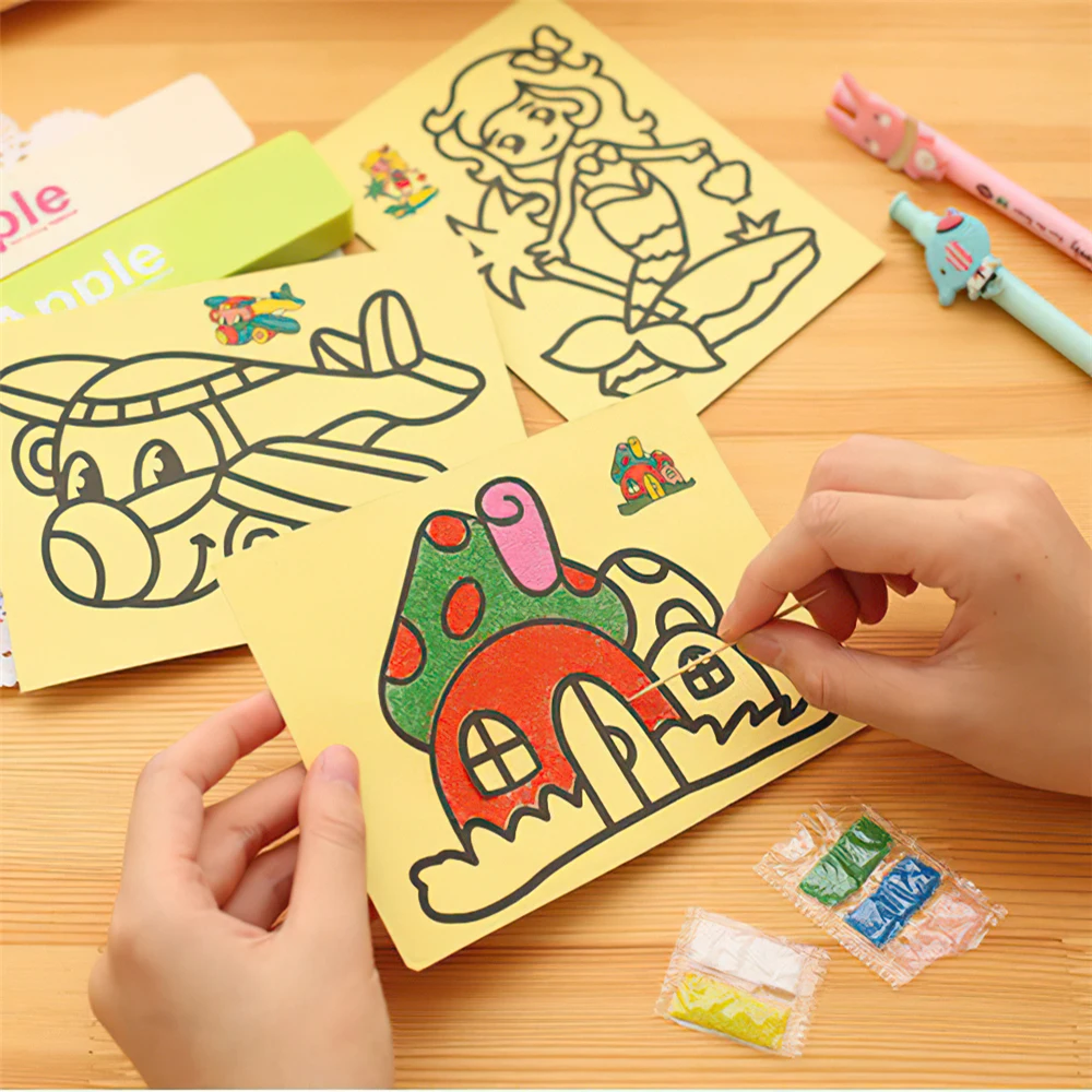 4/8Sets Kinderen Tekenen Zand Schilderij Foto 'S Kid Diy Ambachten Onderwijs Speelgoed Voor Jongens Meisjes Schema Sticker Cartoon Patroon