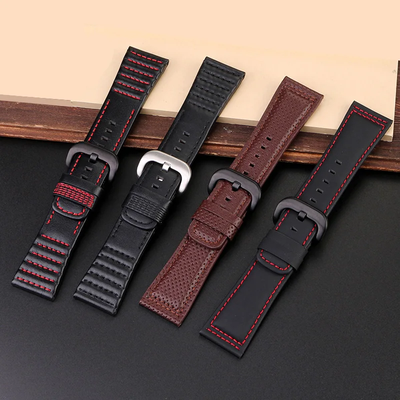 28mm High qualiuty Cowhide Leather watch strap men Soft skin strap black black red line watchband For Seven Friday M2/Q201/02/03