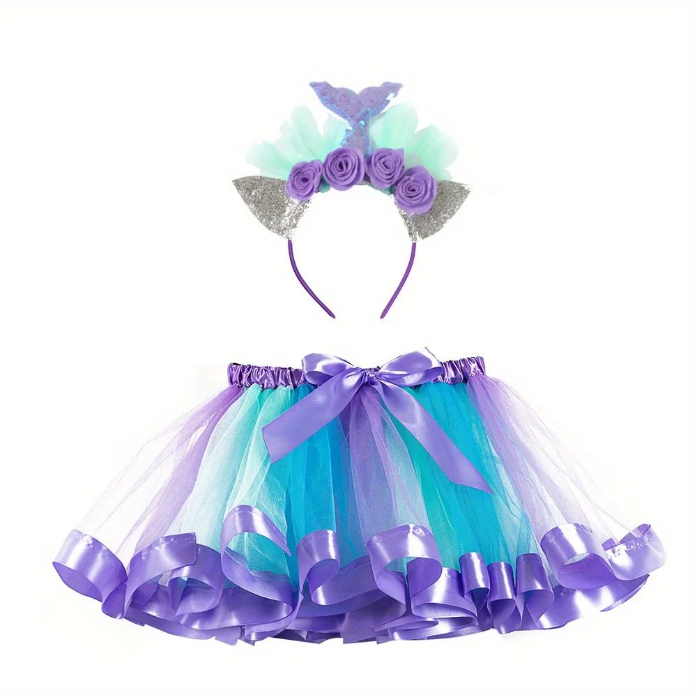 

Girls' Mermaid Hairdband Mesh Tutu Skirt 2-Piece Set Skirt Length 30cm with Lining Suitable for Dance Recitals Parties