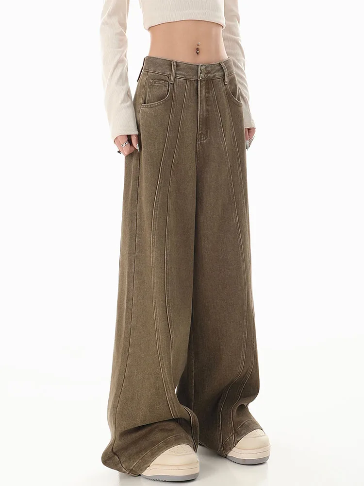 

American Retro Chic Coffee Wide Leg Pants Baggy High Waist Full Length Trousers Grunge Korean Fashion Jeans Classical Streetwear