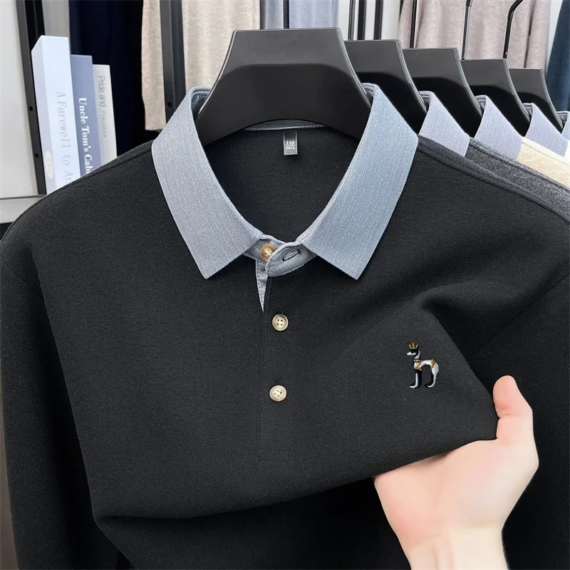 Fashionable Trendy Men's Embroidered Polo Shirt Autumn New Warm Skin Friendly Long Sleeve Lapel T-Shirt Exquisite Men's Clothing