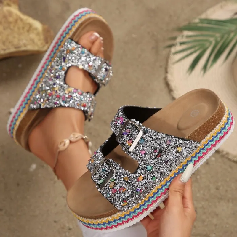 Summer New Platform Commuter Slip Sandals Women's Fashion Round Toe Open Toe Metal Buckle Platform Non-Slip Flats view 2