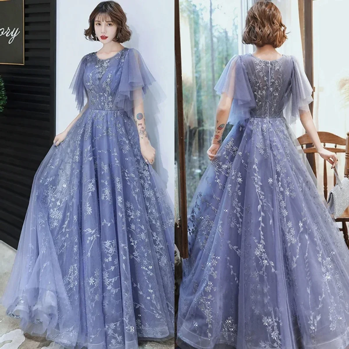 

Evening Dresses Haze Blue Glitter Pleat O-neck Short Sleeves Pleat A-line Floor-length Plus size Women Formal Party Gowns A105