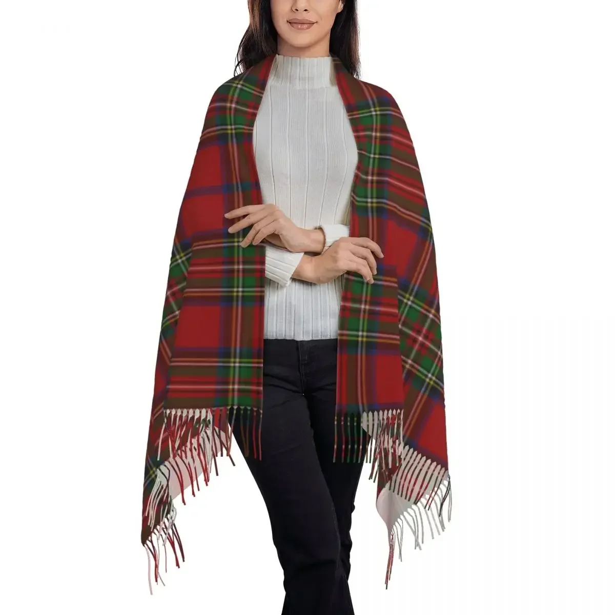 Stylish Royal Stewart Tartan Clan Tassel Scarf Women Winter Warm Shawls Wraps Female Geometric Gingham Scarves