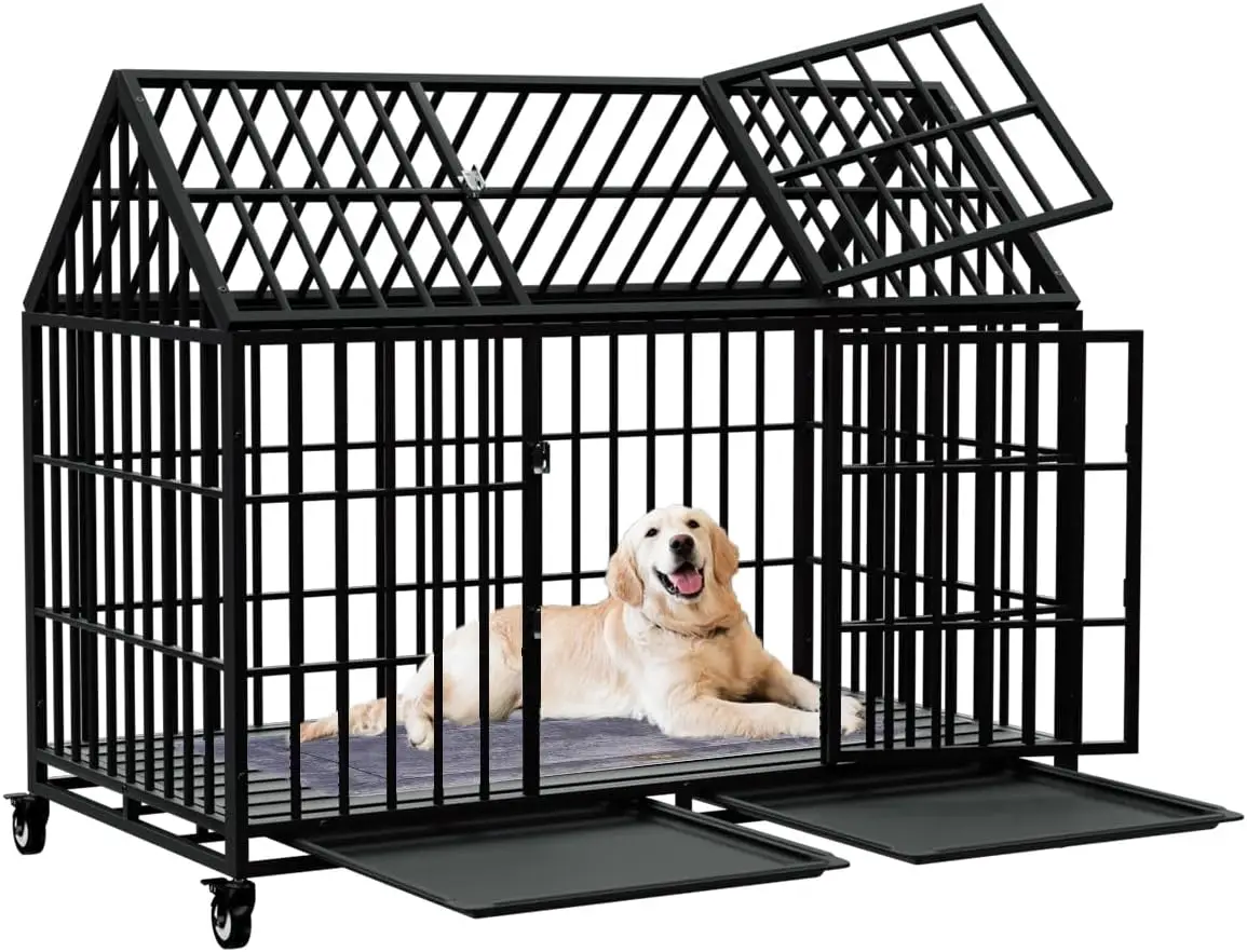 

Indoor Use, Metal Material, Gray Color, Heavy Duty Dog Crate with Top Open, 2 Doors, Lockable Wheels and Removable Trays