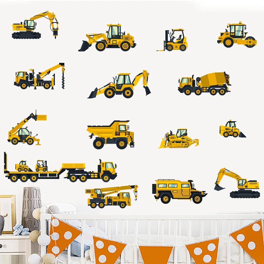 Cartoon Excavator Engineering Car Wall Sticker Self-adhesive Children's Room Wall Decals Baby Nursery