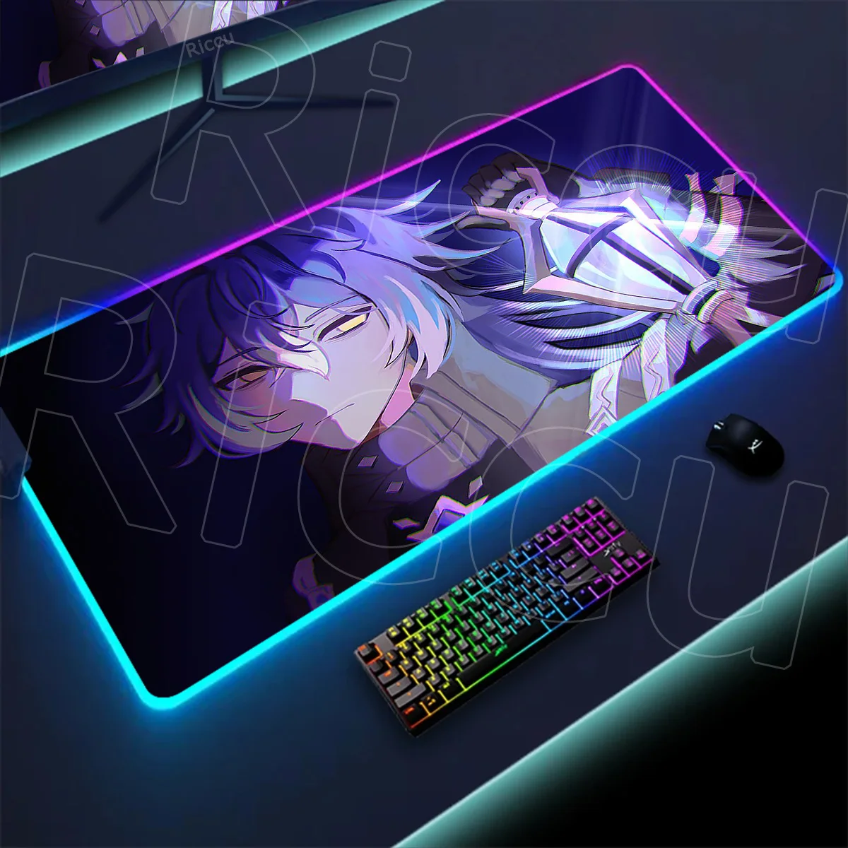 ملحقات لوحة المفاتيح غير القابلة للانزلاق للكمبيوتر المحمول RGB Anime Big Desk Mat Genshin Impact Flins Mouse Pad قفل الكمبيوتر Edge Mousepad
