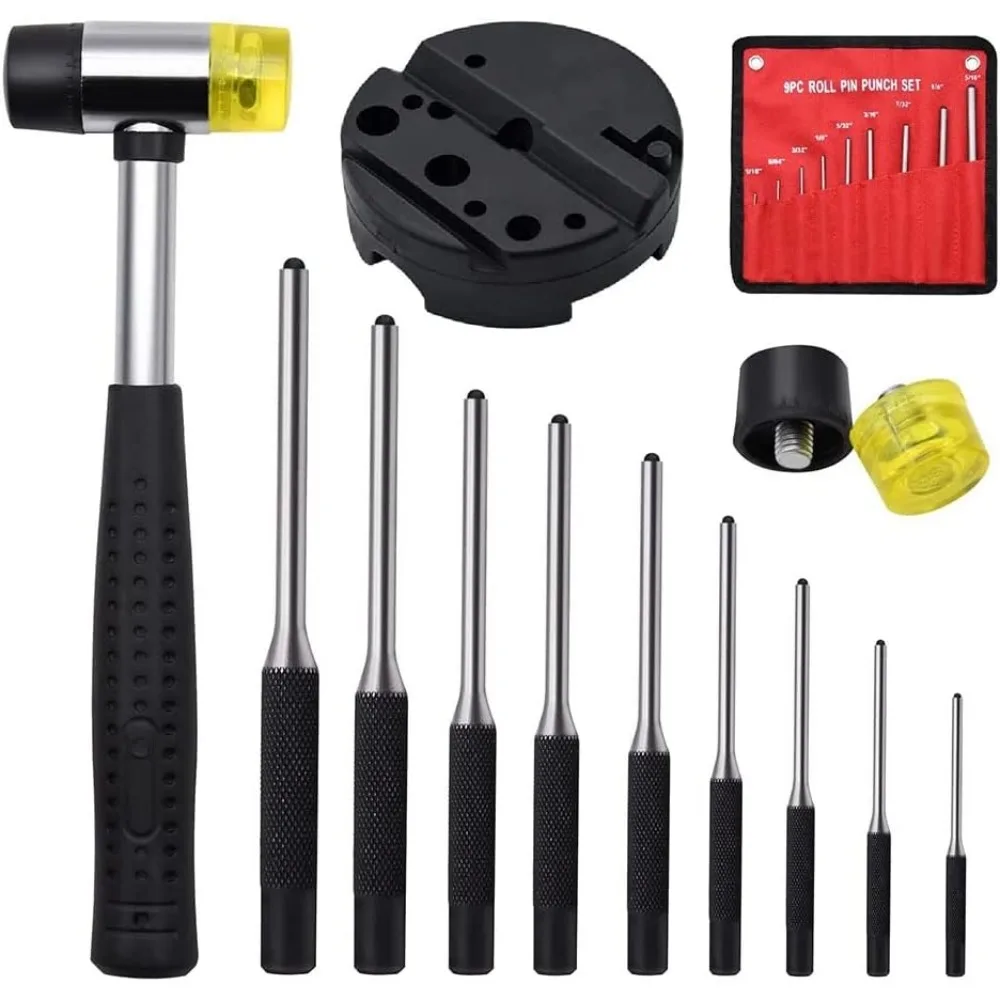 Roll Pin Punch Set With Storage Pouch Smithing Punch Removing Repair Tools With Bench Block Pin Punches And Hammer