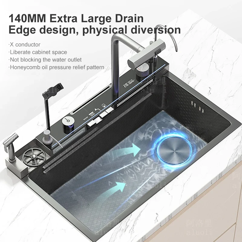 Imagem -04 - Smart Single-slot Cachoeira Kitchen Sink com Suporte do Telefone Torneira Integrada Honeycomb Embosse Aço Inoxidável