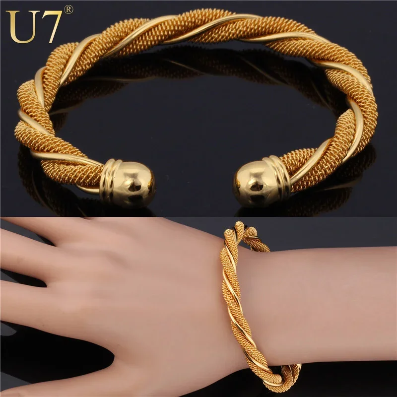 U7 Twisted Braiding Net Cable Cuff Bangle Bracelet Trendy Gold/Silver Color Jewelry 6cm Diameter Round Adjustable Size QC24