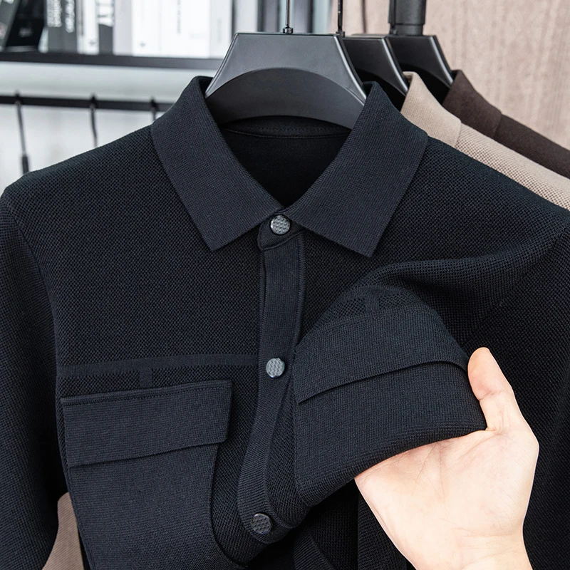 Men's Luxury Knitted Cardigan Long Sleeve Lapel Thickened Button down Double Pocket Solid Color Autumn Winter Fashion Men's Wear