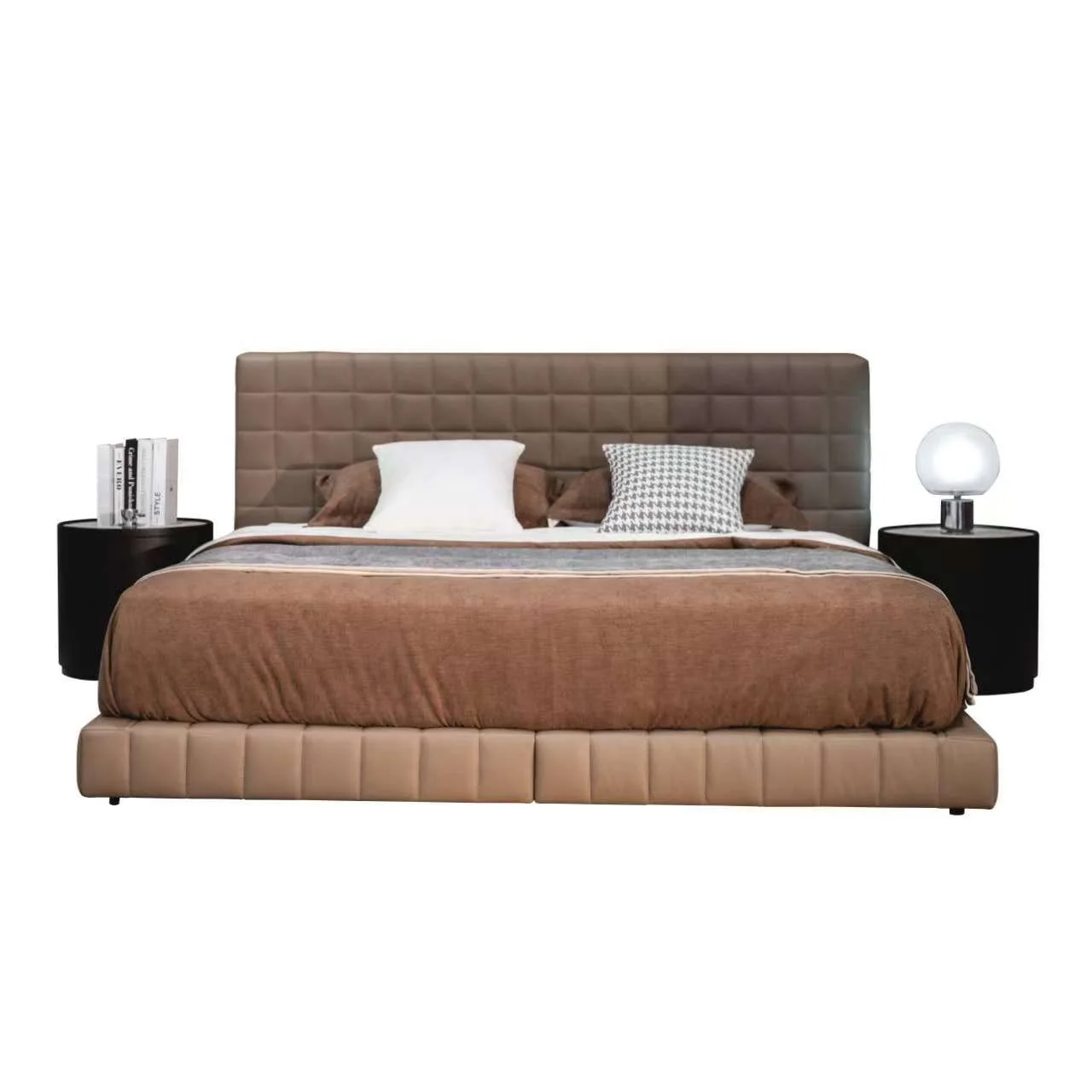 

Nordic Minimalist Luxury Double Bed Set King Size Wide Headboard Soft Upholstered Beds Genuine Leather Fabric for Hotel Bedrooms