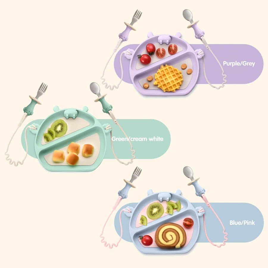 New Cartoon Children Tableware Kids Dishes Plate Learning Feeding Bowl Set Stainless Steel Spork With Teething Chain Baby Stuff