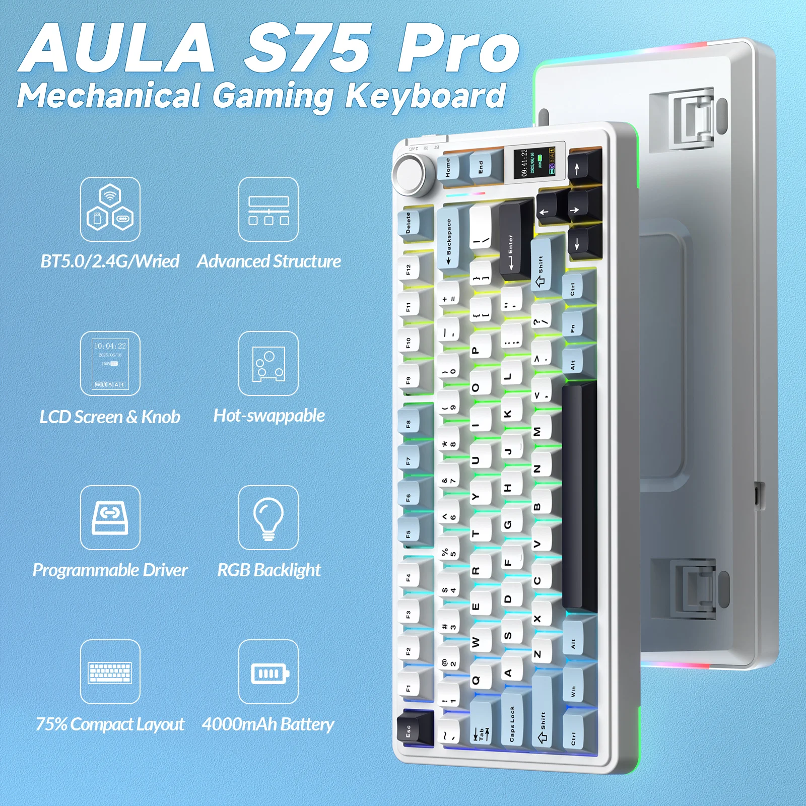 AULA S75 Pro Wireless Mechanical Keyboard 75% Hot Swap RGB Backlit PBT Keycaps 4000mAh LED Screen Knob Gaming Keyboard for PC