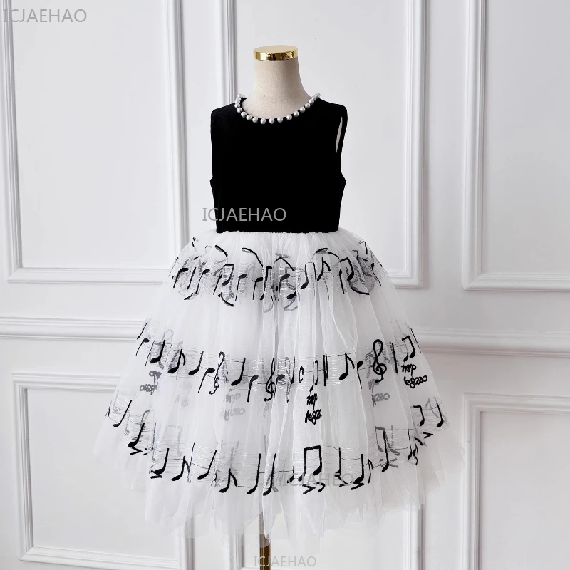 Embroidered Tulle Dress Black Girls Pearl Piano Performance Flower Lace Formal Costume Clothes Gown Stage Recital Outfits Summer