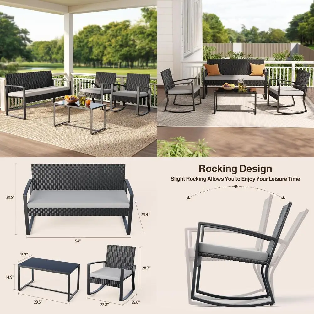 Grey Outdoor Patio Furniture Set with Wicker and Glass Coffee Table for Backyard, Poolside, Porch