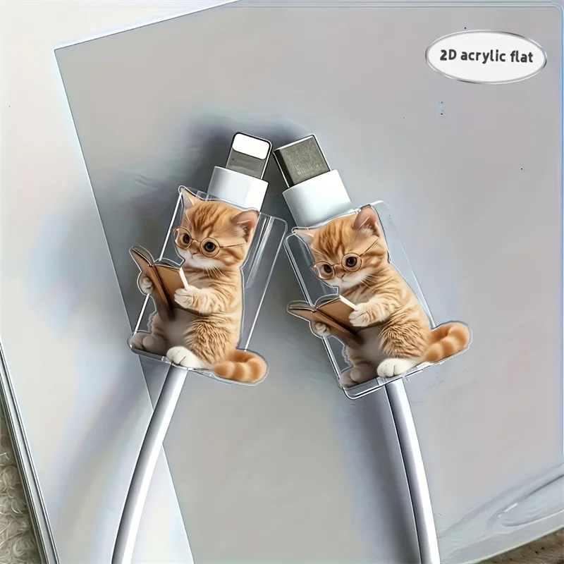 2D Acrylic 2pcs The Learning Kitten Data Cable Protector Adorable Design Connector Cover for iPhone / Type-C Charging Interface