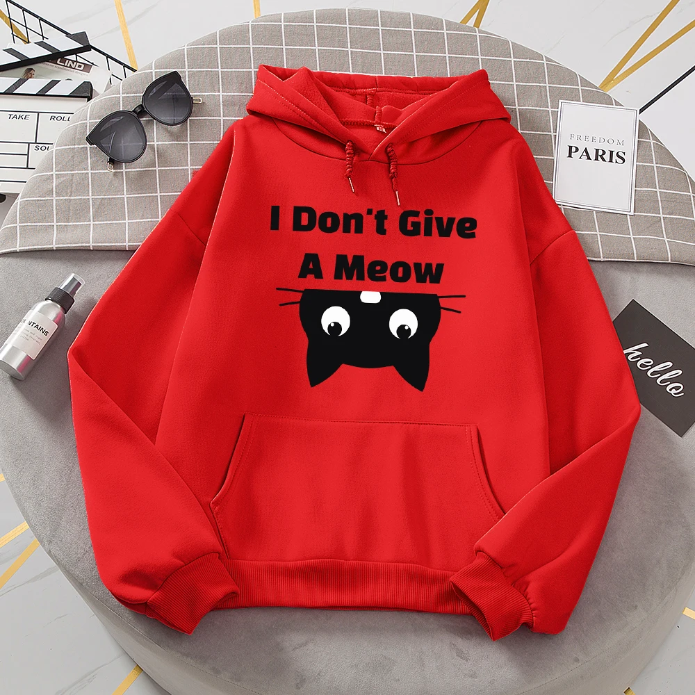 I Don\'T Give A Meow Black Cat Hoodies Women Oversized Loose Warm Hoody Street Sport Tide Sweatshirt Fashion Comfortable Hooded