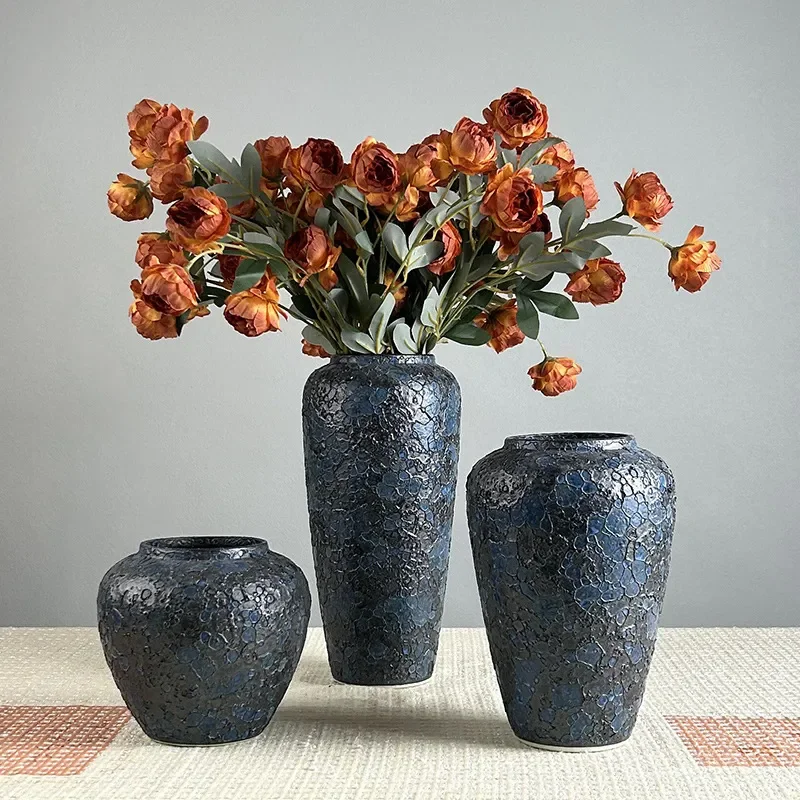 for Retro New Chinese Style Blue Bubble Glaze Coarse Pottery Ceramic Vase for Dried Flower Arrangement High Value Living Room