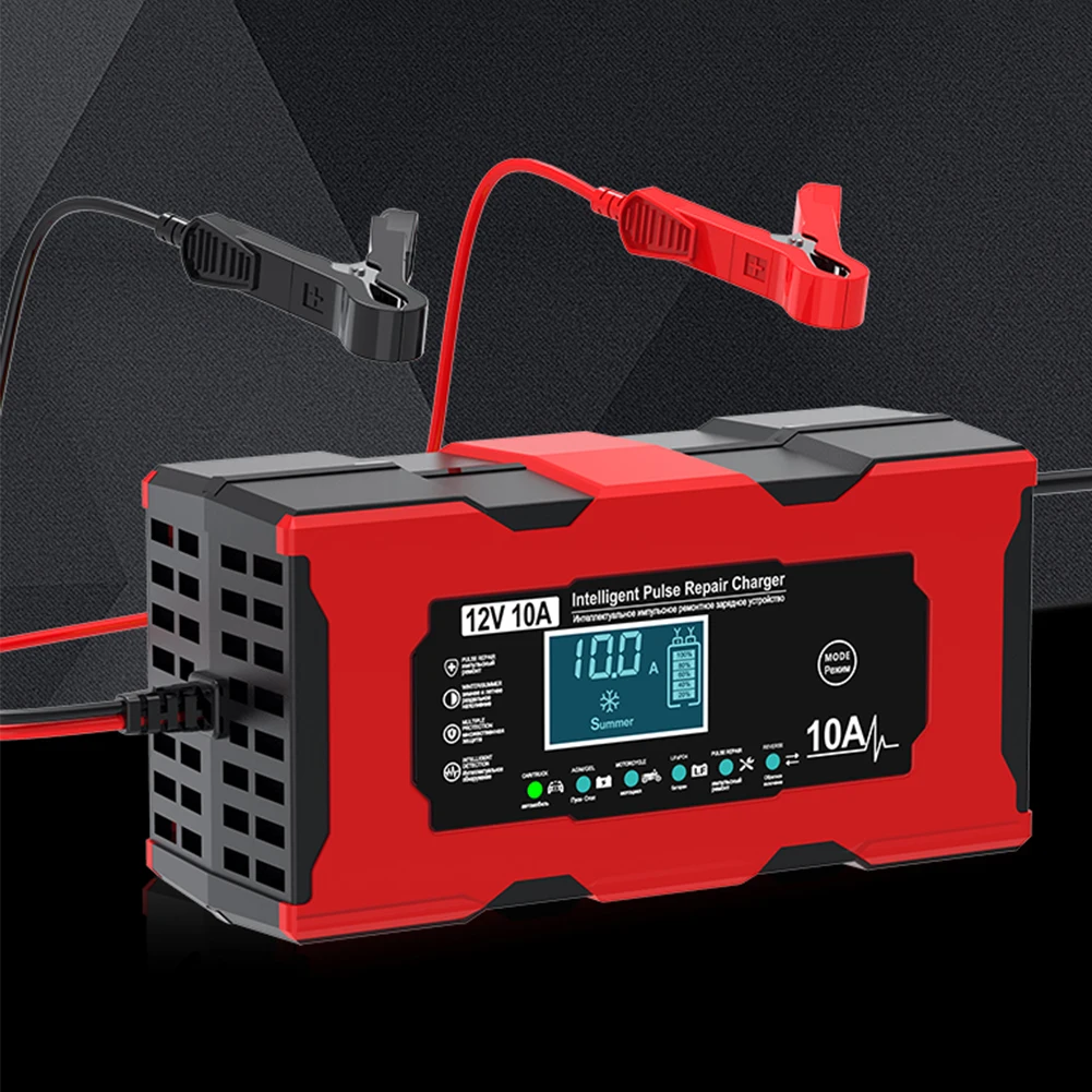 

12 В 10 А автомобильное зарядное устройство с ЖК-дисплеем, зарядное устройство для электрических мотоциклов, умное зарядное устройство для свинцово-кислотных гелевых аккумуляторов AGM