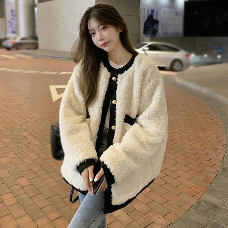 Loose Fashion O-Neck Single Breasted Berber Fleece Overcoat Autumn Winter Korean Version Women\'s Overcoat Temperament All-match