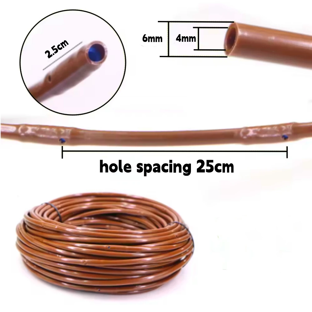 4mm/6mm Brown Drip Irrigation Hose 25cm Spacing Emitter 1/4