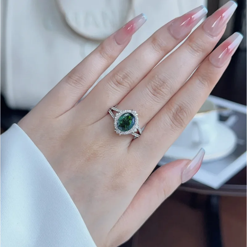 Live Streaming Little Red Book 925 Silver Simulated Diamond 7 * 9 Emerald Ring Ring Fashion Simple and Versatile