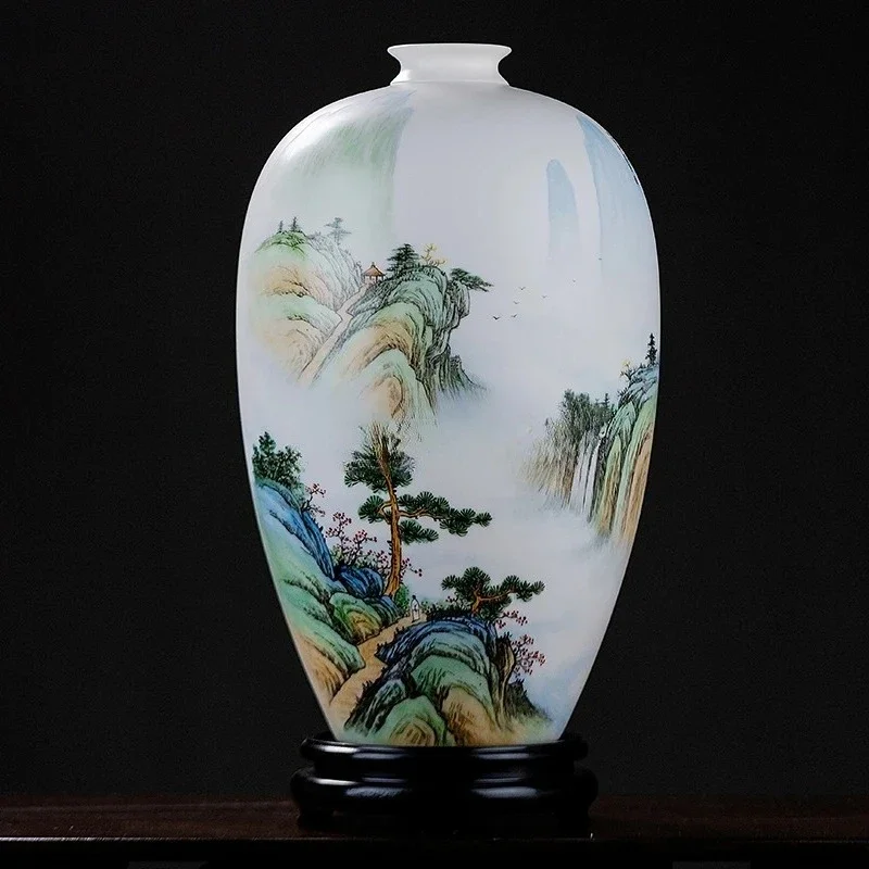 Suet jade ceramic hand-painted empty valley mountain sound in the rich vase vase, Chinese living room ornament home decoration
