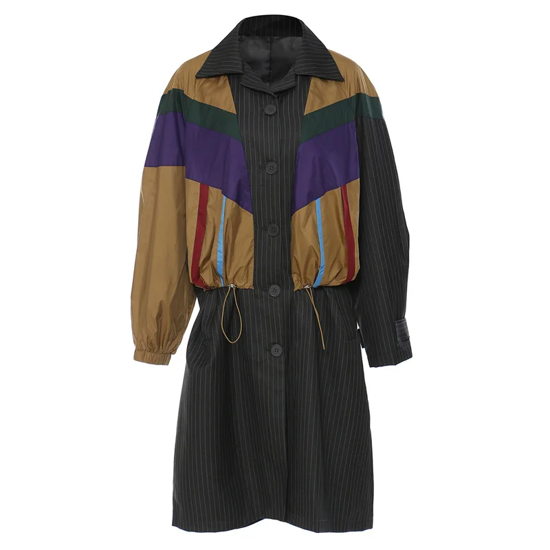 

Спортивный женский длинный тренч в стиле колор-блок с полосатым принтом