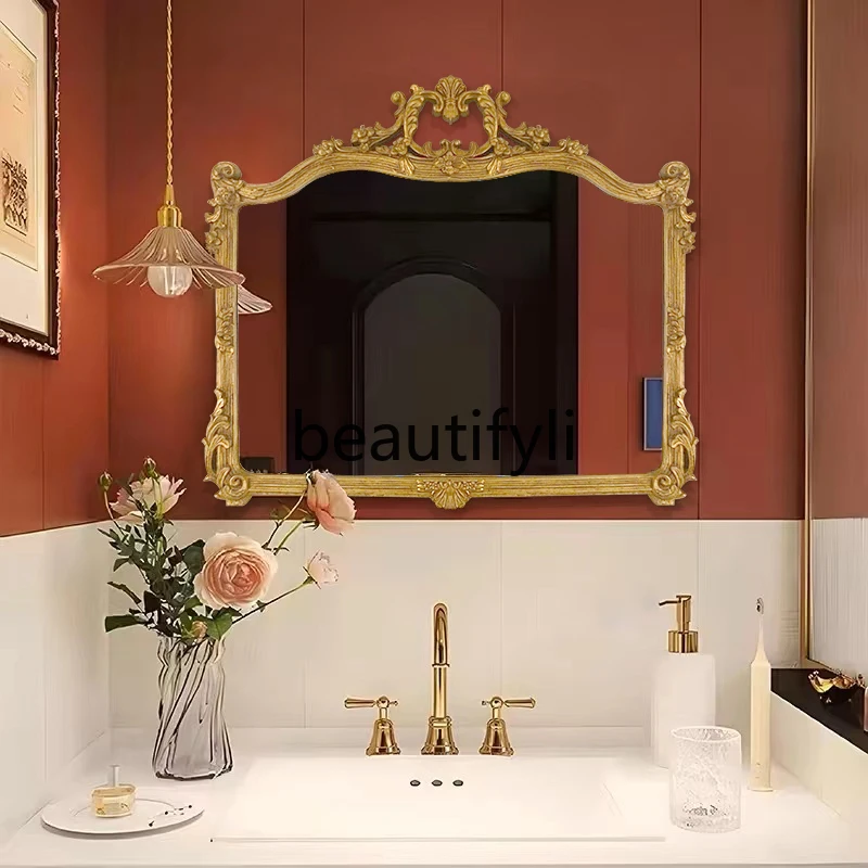 

French Retro Bathroom Mirror European Carved Wall-Mounted Mirror American Style Washbasin Mirror