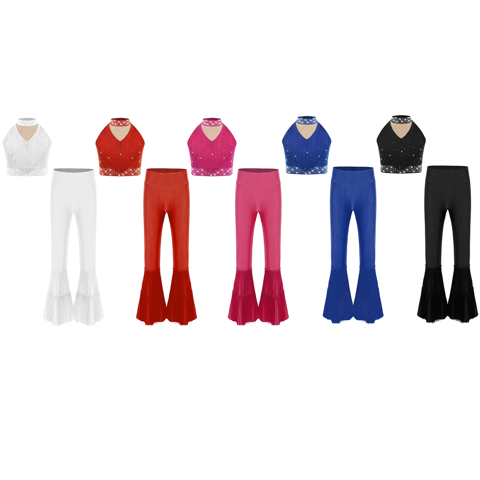 Girls Latin Performance Costume Modern Dance Outfit Sleeveless Fringe Rhinestones Dance Vest with Tassel Bell-Bottom Pants Sets