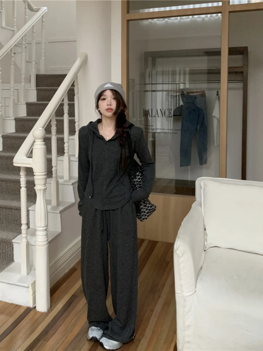 

Faionable Large Size Women's Hooded Open Cardigan Top And Wide Leg Pants Two Piece Set Casual Versatile High Waist Korean S...