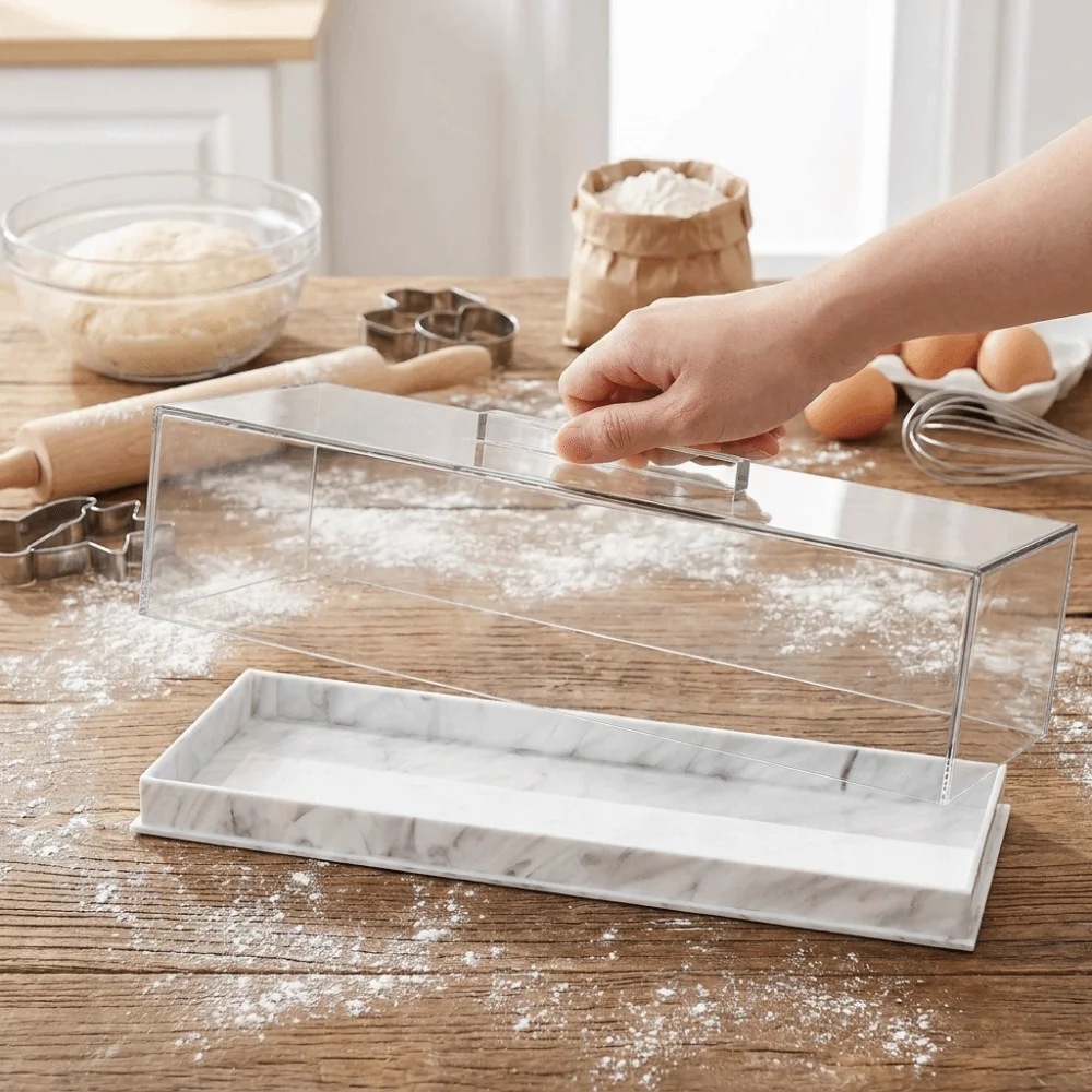 Marbled Pattern Rectangular Acrylic Bread Box Non-slip Bottom with Clear Lid Dessert Display Rack Dust-proof