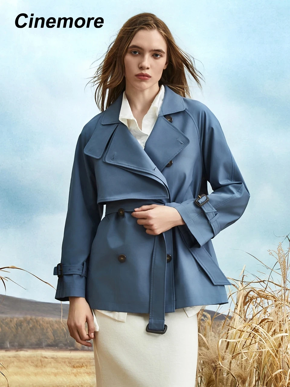 

Cinemore Autumn Mid-Long Trench Coat for Women Casual Windbreaker Jacket Double Breasted Lapel Belted Windproof Chic Lady Coat