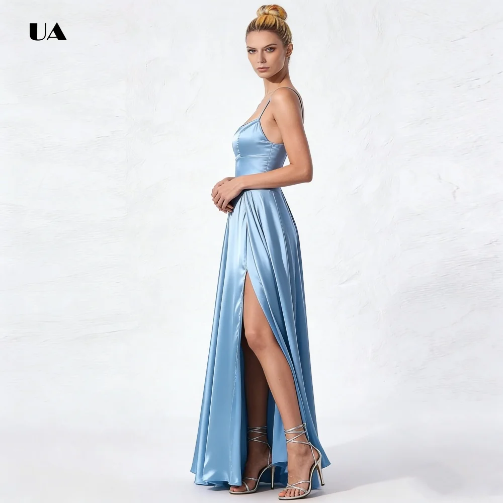 ULBYANRY Elegant A-line Prom Dress with Spaghetti Straps Solid Satin Slit Evening Dresses for Women Customized Draped Party Gown