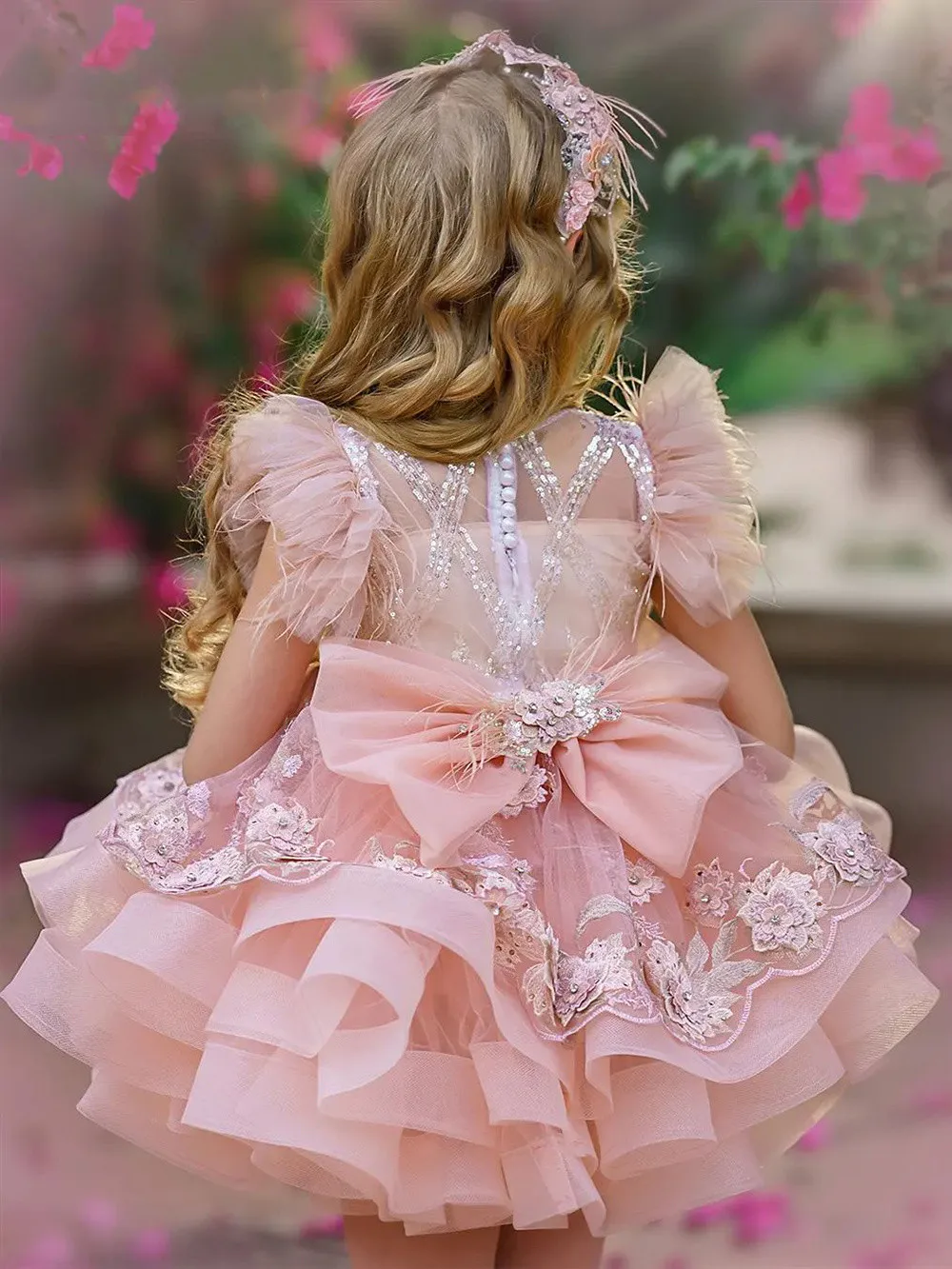 Mini Tulle Bow Belt Layered Lace Decal Princess Flower Girl Dress Wedding Party Ball abiti da prima comunione Dream Kids Gift