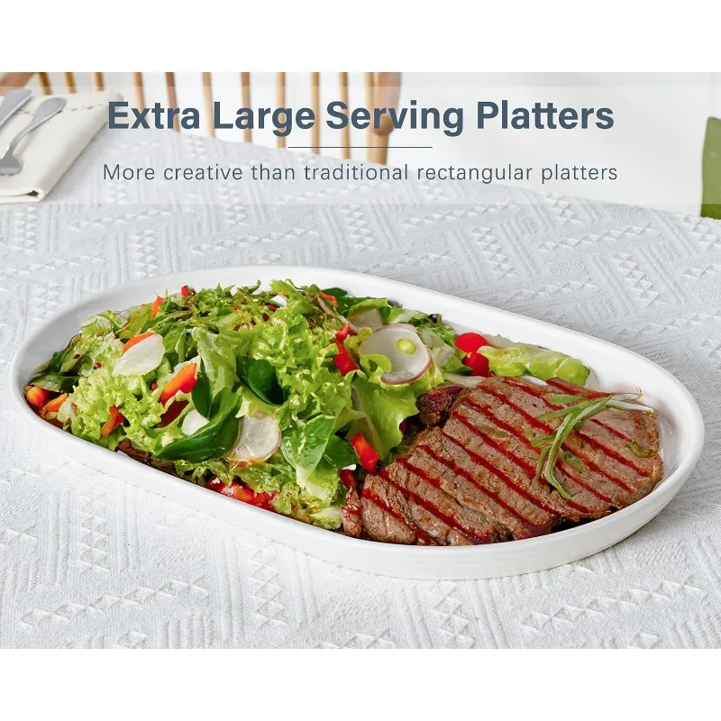 

16 Inch Ceramic Serving Plates for Entertaining, Set of 2 Large Oval Dinner Plates- Dishwasher Oven Safe Serving Tray for Food