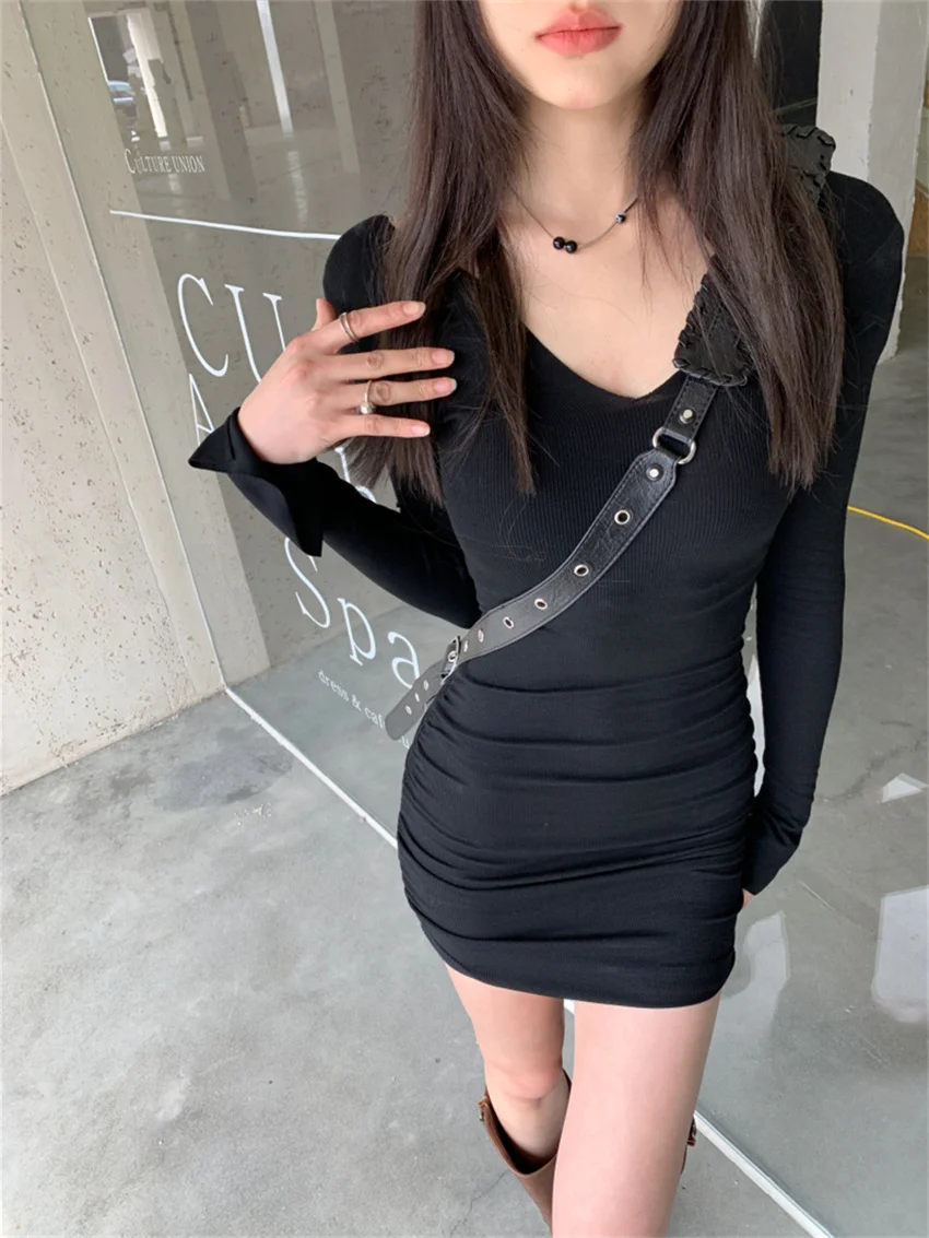 فستان ملاصق للجسم صغير للنساء ، مثير ، كم طويل ، قلادة على شكل حرف v ، بلون واحد ، أنيق ، للنادي الليلي ، يومي ، حفلة ، خريف ، جديد ، #2