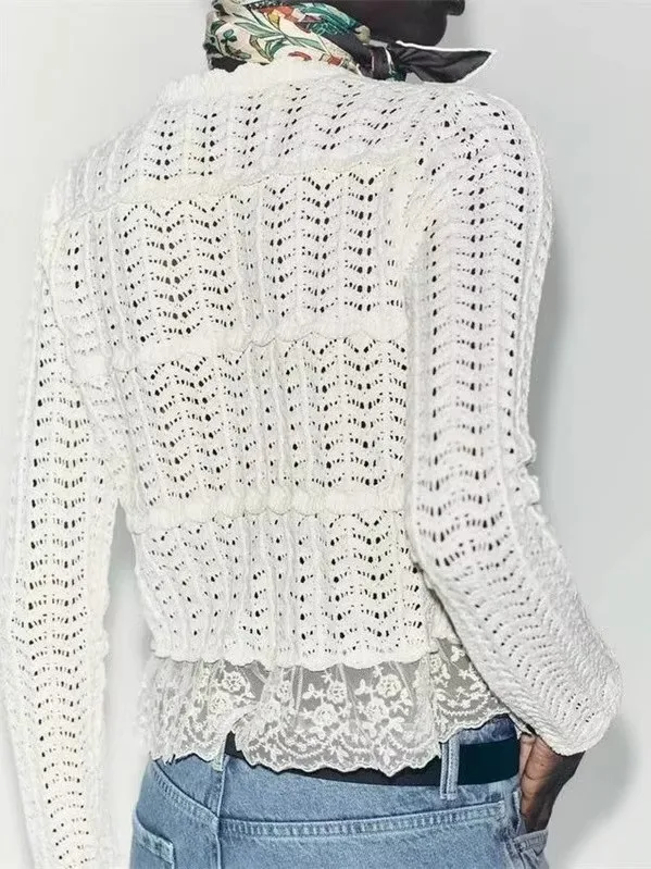 معطف نسائي محبوك من Sweet Sle مفرغ طويل Sve مستدير Ne معطف Jaet ort رومانسي أنيق للخريف وصل حديثًا 2025 #2