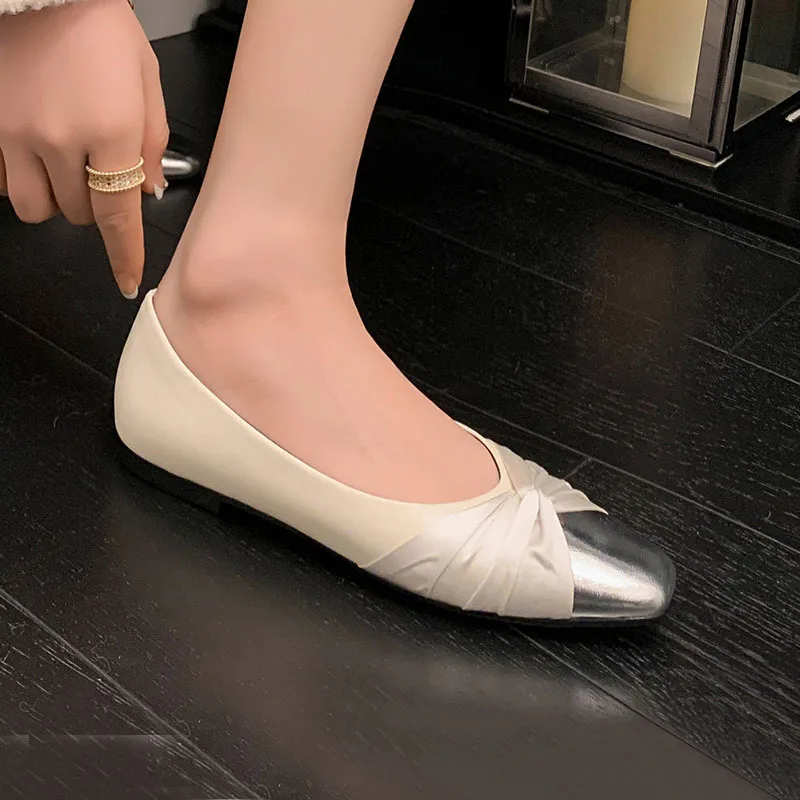 Spring new round toe color-block chunky heel lambskin flats~ shallow bow one-legged low-heeled Korean leather shoes for women
