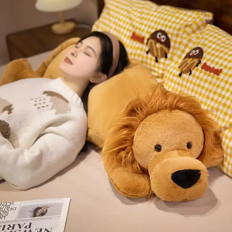 Kawaii Lion Plush Toy Long Sleep Pillow Cute Soft Stuffed Lions Fluffy Doll Sofa Cushion Nap Sleeping Plushie for Birthday Gift